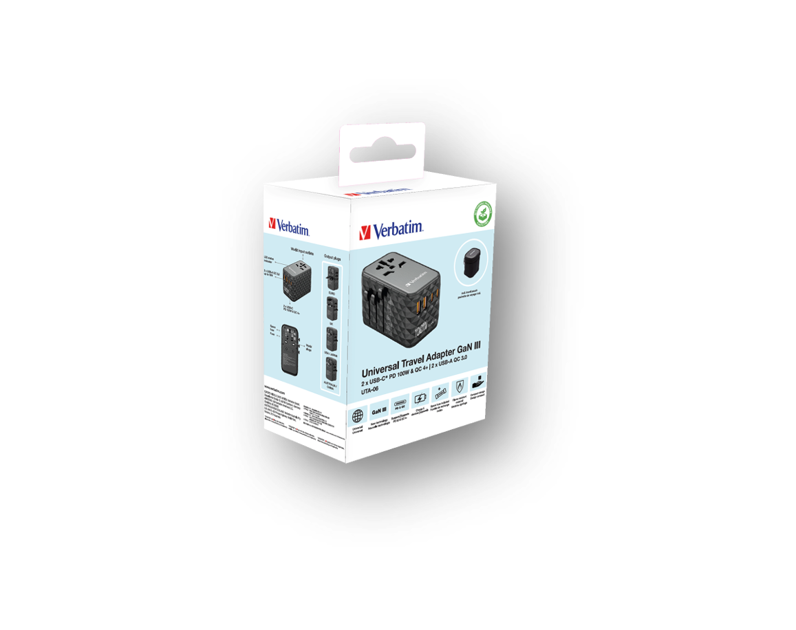 Verbatim Uta-06 Gan iii Universal Travel Adapter With 2 X USB-c Pd 100w & Qc 4+ 2 X USB-a Qc 3.1