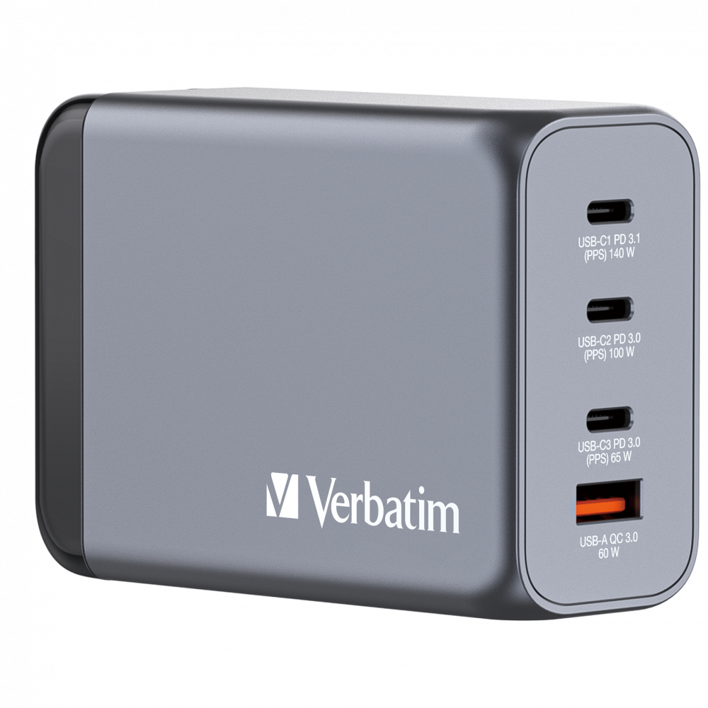 Verbatim Gnc-240 Gan Charger 240w With 1 X USB-c 140w 1 X USB-c 100w 1 X USB-c 65w 1 X USB-a Qc 3.0 (eu uk us)