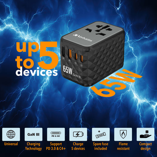 Verbatim UTA-05 Gan Iii Universal Travel Adapter with 2 x USB-C Pd 65W & Qc 4+, 2 x USB-A – view 2