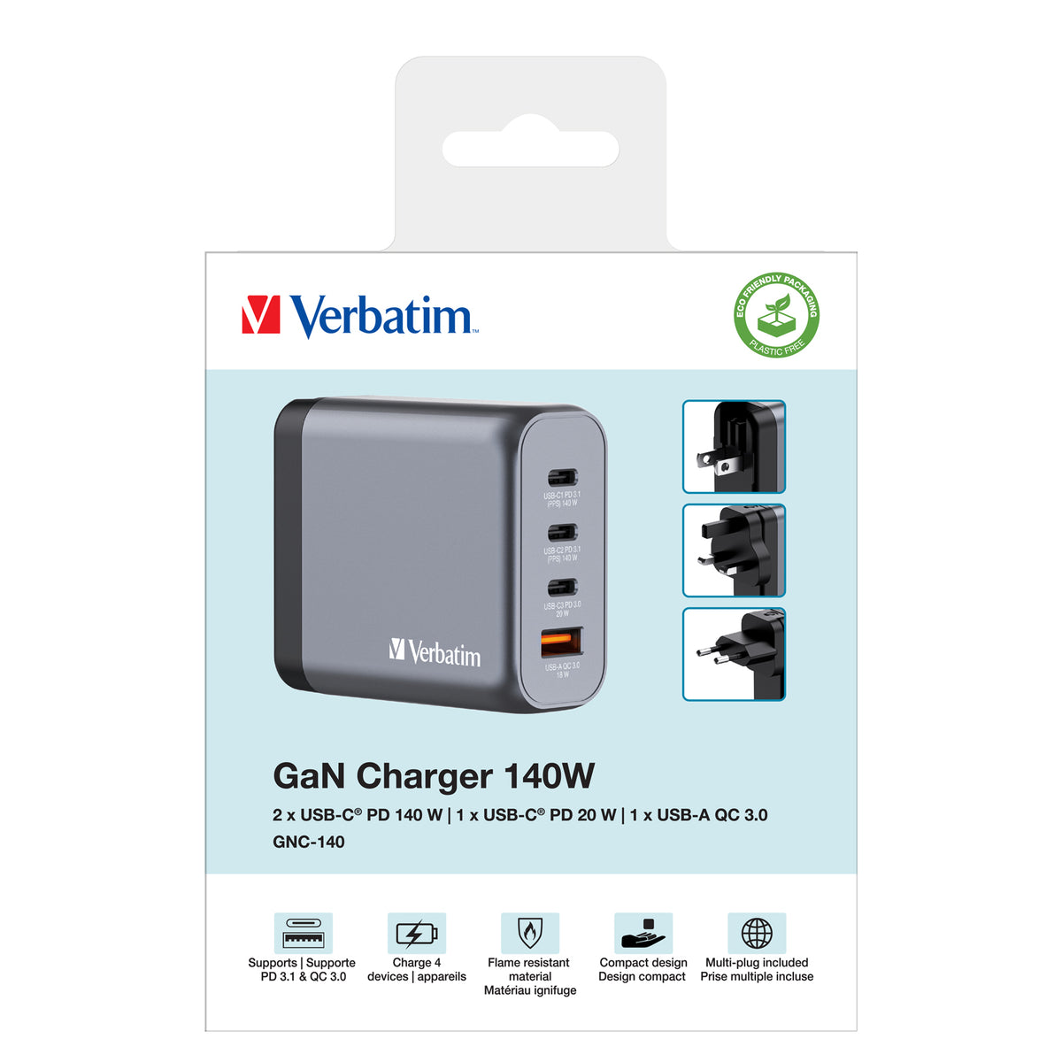Verbatim GNC-140 Gan Charger 140W with 2 x USB-C Pd 140W, 1 x USB-C Pd 20W, 1 x USB-A Qc 3.0 (eu, Uk, Us) – view 7