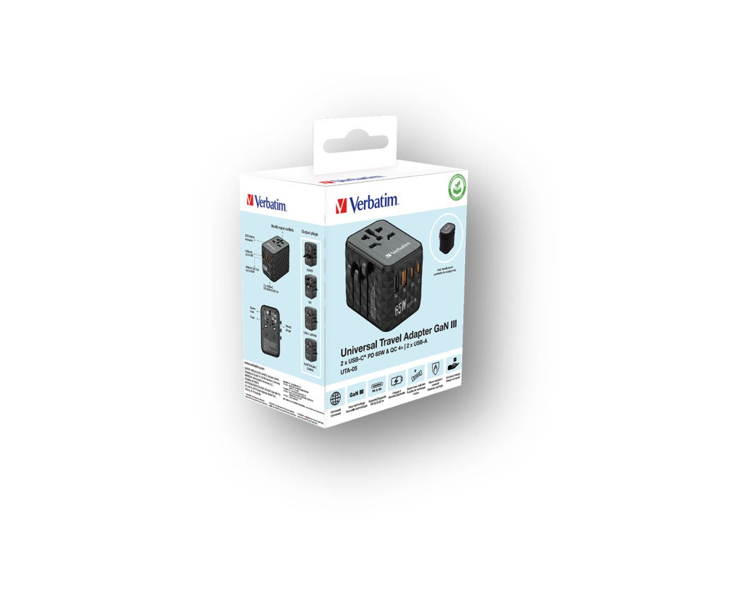 Verbatim Uta-05 Gan iii Universal Travel Adapter With 2 X USB-c Pd 65w & Qc 4+ 2 X USB-a