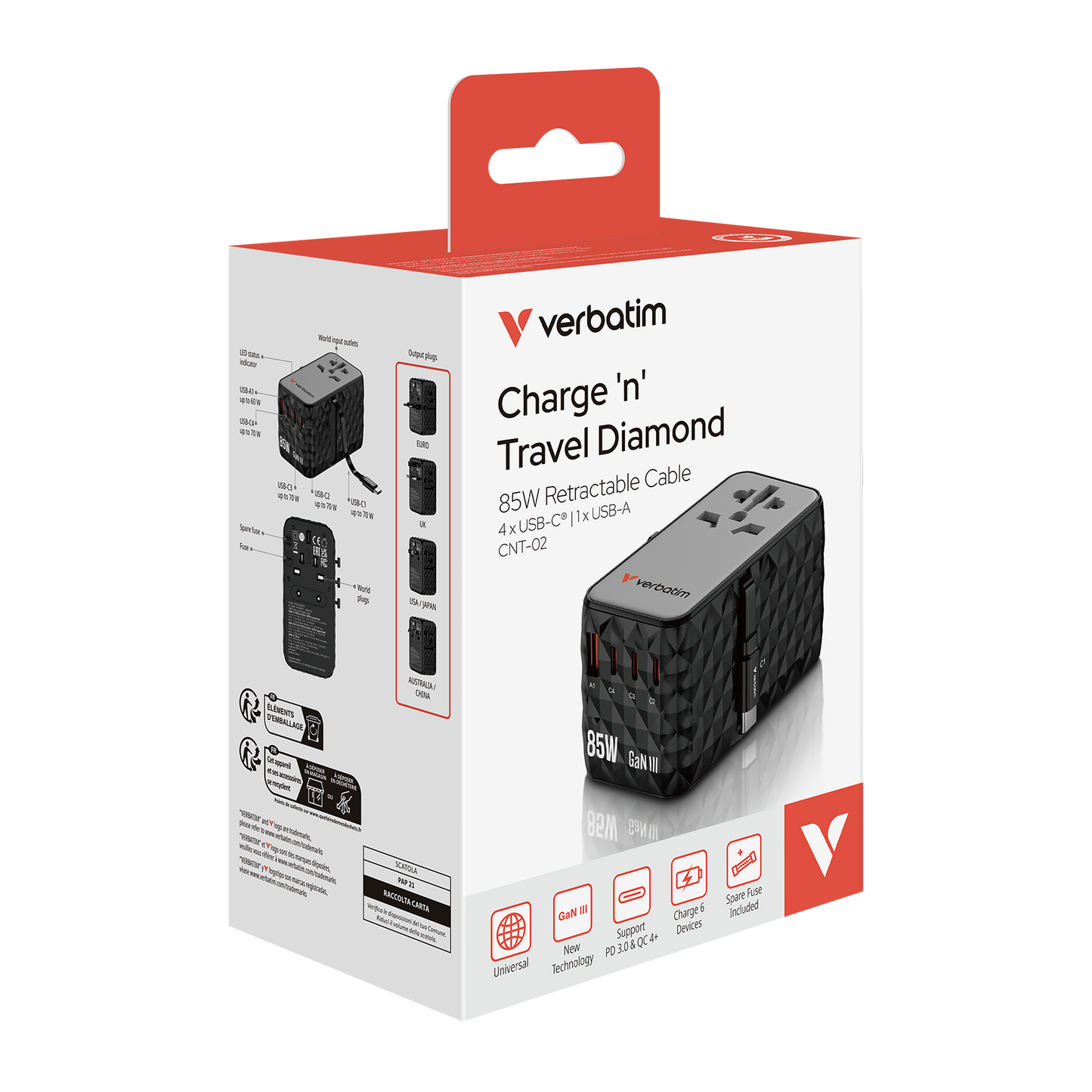 Verbatim Charge 'n' Travel Diamond 85w Rectractable Cable Cnt-02