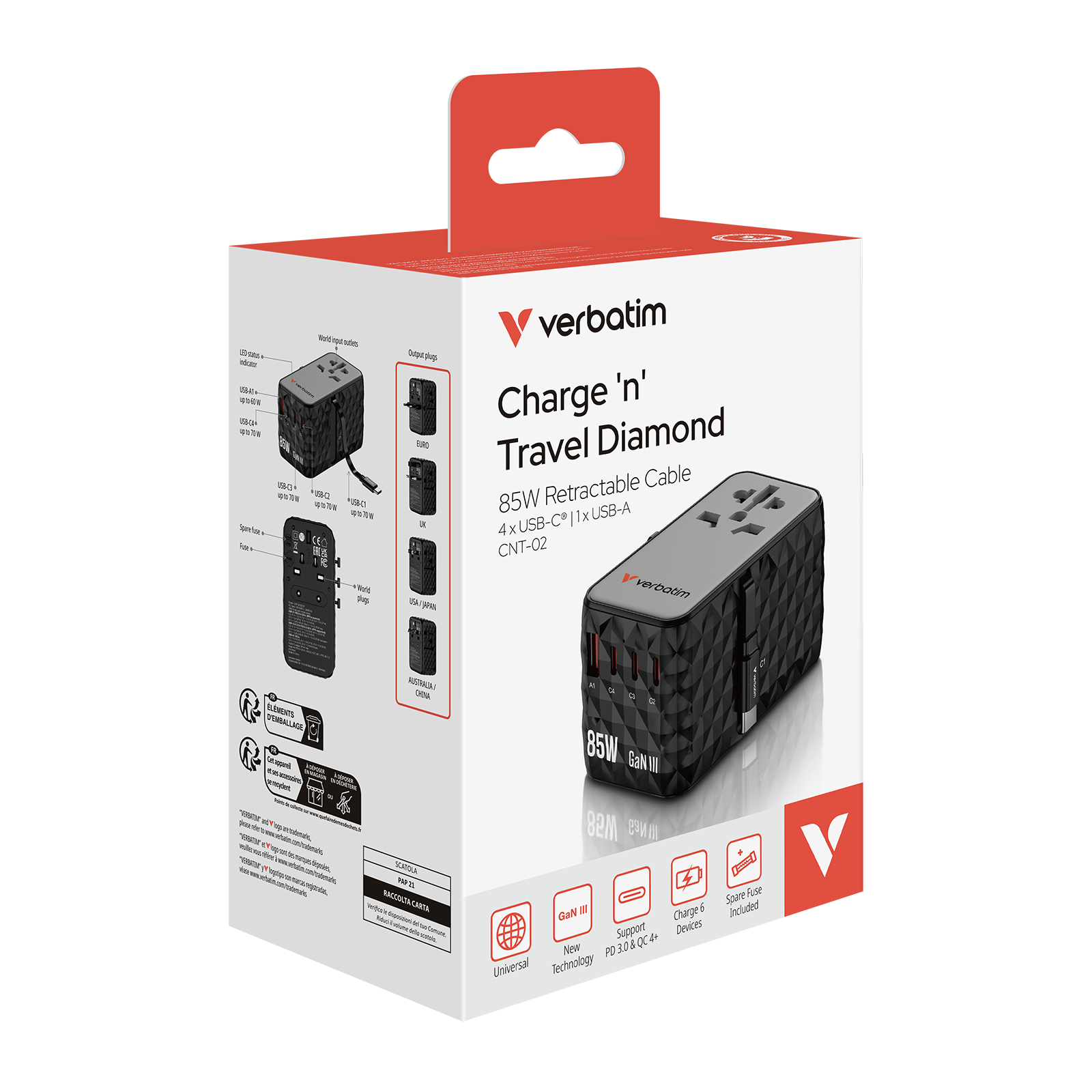 Verbatim Charge 'n' Travel Diamond 85w Rectractable Cable Cnt-02