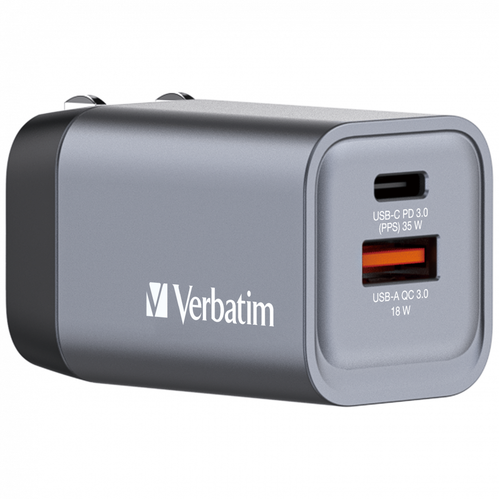 Verbatim Gnc-35 Gan Charger 35w With 1 X USB-c Pd 35w x USB-a Qc 3.0 (eu uk us)