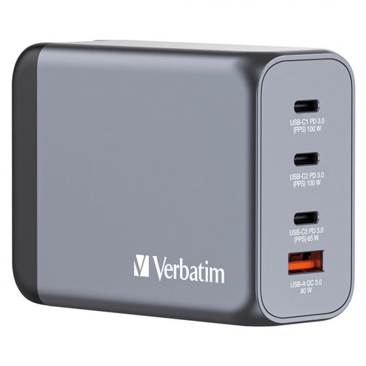 Verbatim Gnc-200 Gan Charger 200w With 2 X USB-c Pd 100w 1 X USB-c Pd 65w 1 X USB Qc 3.0 (eu uk us)