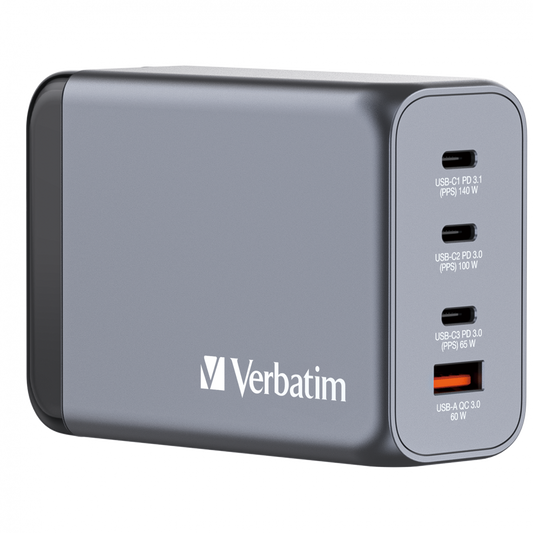 Verbatim Gnc-240 Gan Charger 240w With 1 X USB-c 140w 1 X USB-c 100w 1 X USB-c 65w 1 X USB-a Qc 3.0 (eu uk us)