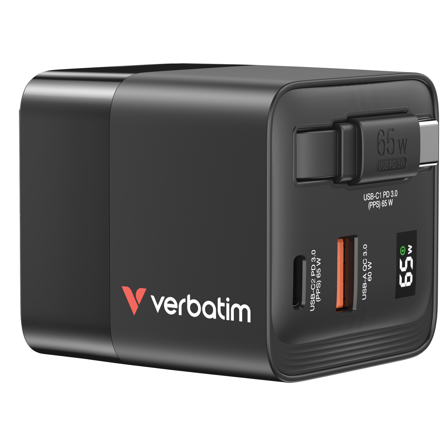Verbatim Gan Charger 65w 2 Port Retractable Cable Display Us Plugs With Eu And Uk Adaptors