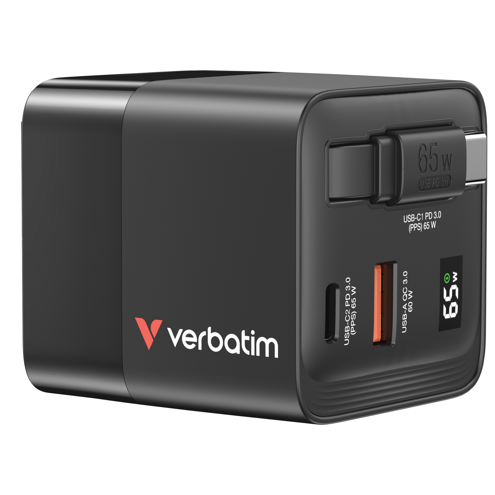 Verbatim Gan Charger 65w 2 Port Retractable Cable Display Us Plugs With Eu And Uk Adaptors