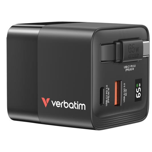 Verbatim Gan Charger 65w 2 Port Retractable Cable Display Us Plugs With Eu And Uk Adaptors