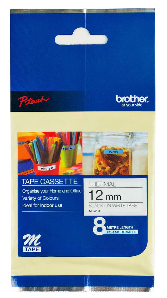 Brother Non Laminated Tape 8m X 12mm Black On White