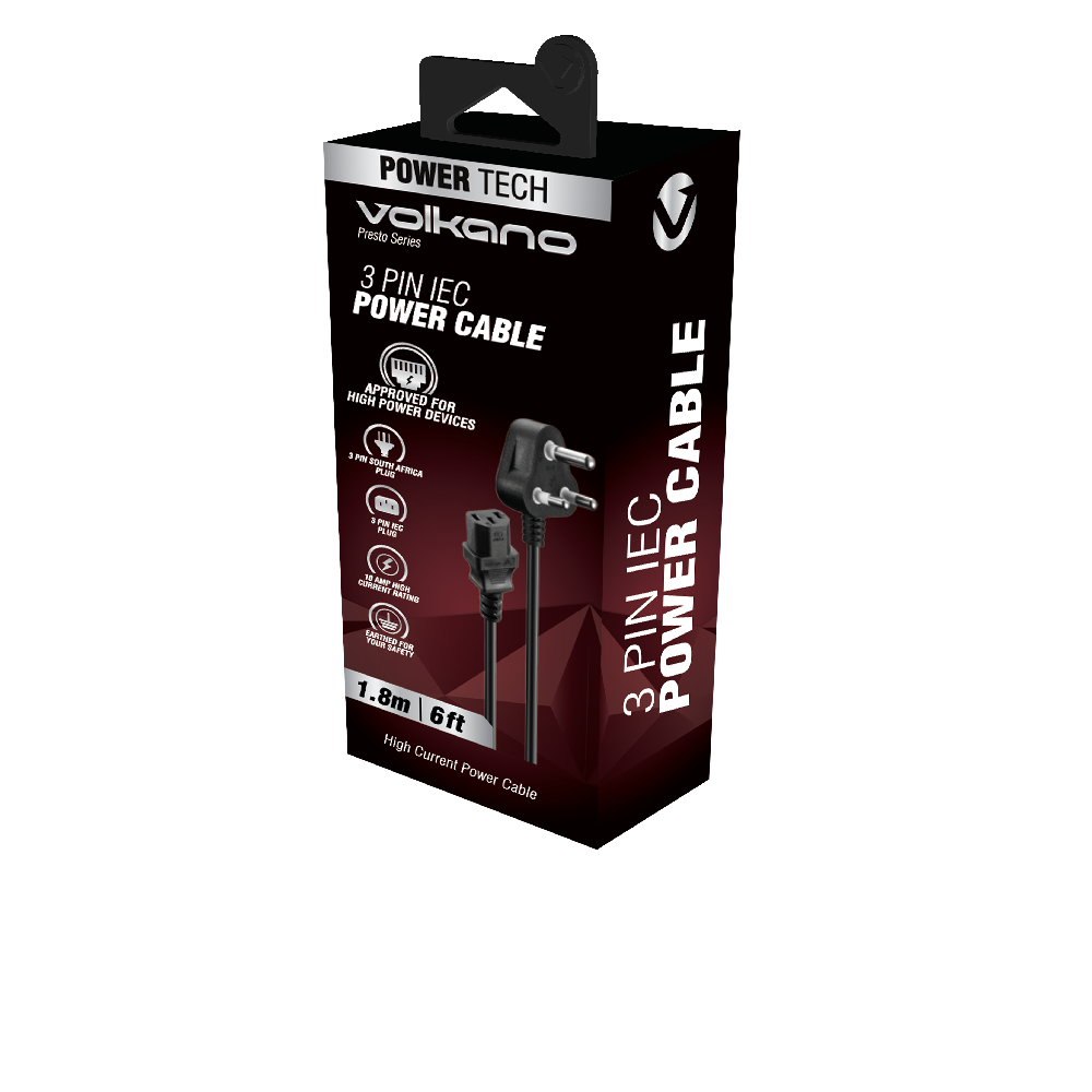 Volkano Presto Series Power Cable 3 Pin Iec To Type-m 1.8m 10a - Black