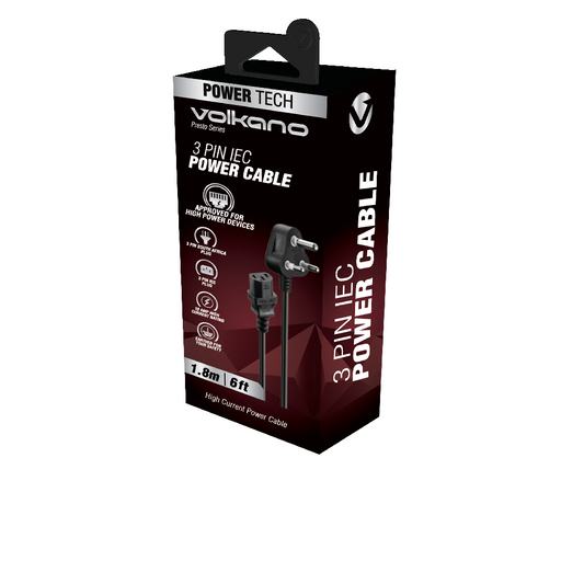 Volkano Presto Series Power Cable 3 Pin Iec To Type-m 1.8m 10a - Black