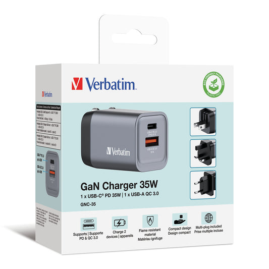 Verbatim GNC-35 Gan Charger 35W with 1 x USB-C Pd 35W, x USB-A Qc 3.0 (eu, Uk, Us) – view 2