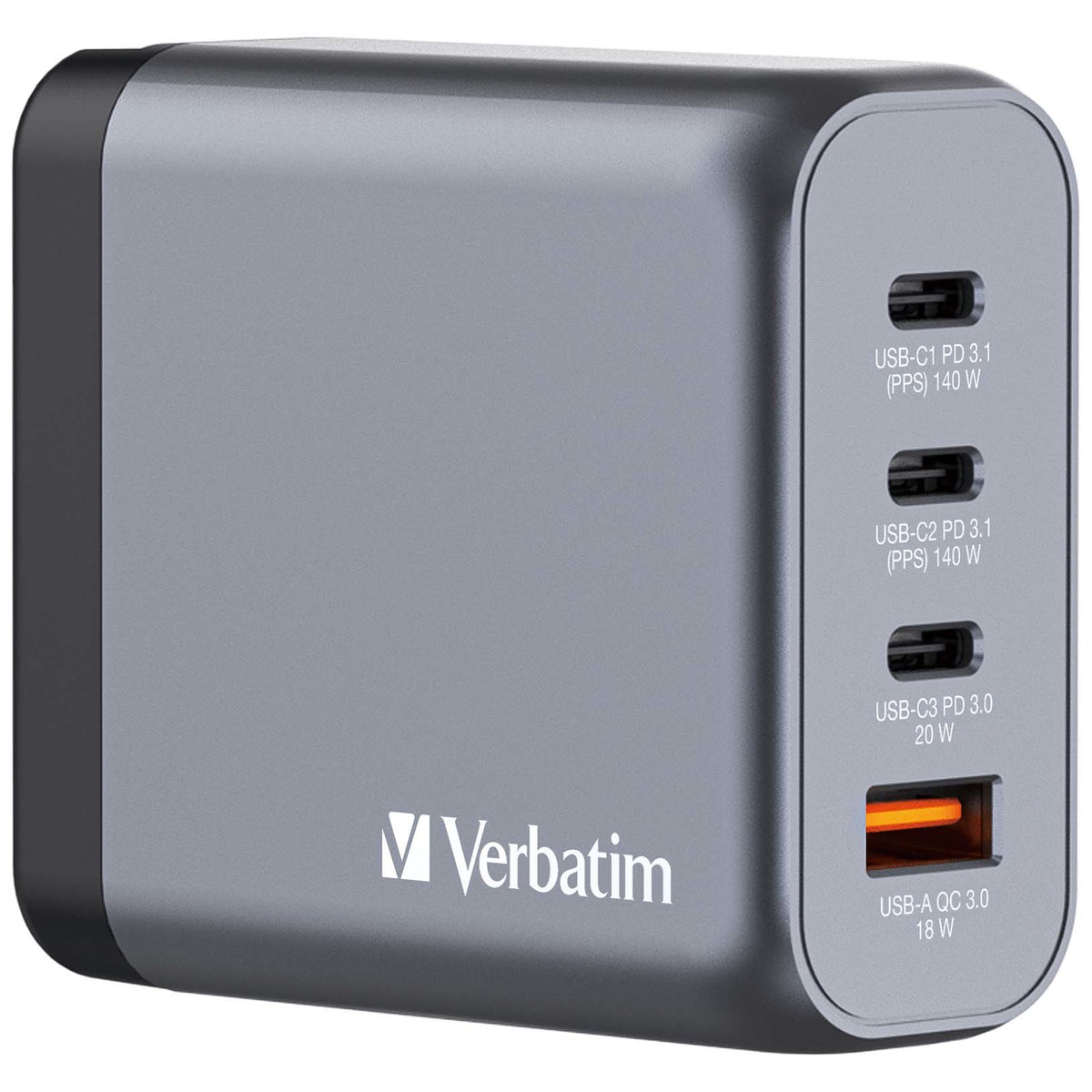 Verbatim GNC-140 Gan Charger 140W with 2 x USB-C Pd 140W, 1 x USB-C Pd 20W, 1 x USB-A Qc 3.0 (eu, Uk, Us)