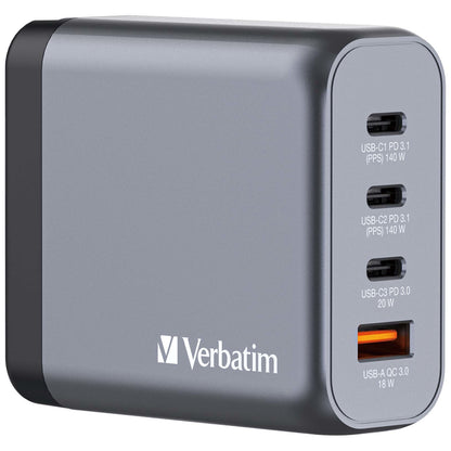 Verbatim GNC-140 Gan Charger 140W with 2 x USB-C Pd 140W, 1 x USB-C Pd 20W, 1 x USB-A Qc 3.0 (eu, Uk, Us)