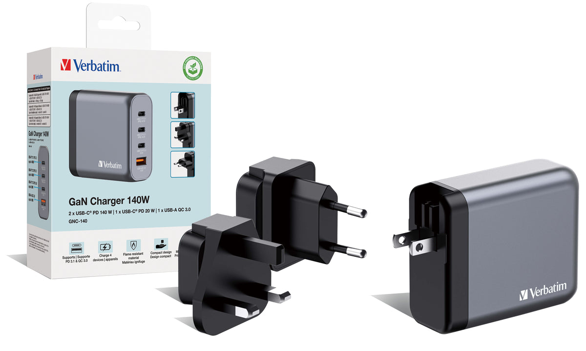 Verbatim GNC-140 Gan Charger 140W with 2 x USB-C Pd 140W, 1 x USB-C Pd 20W, 1 x USB-A Qc 3.0 (eu, Uk, Us) – view 4