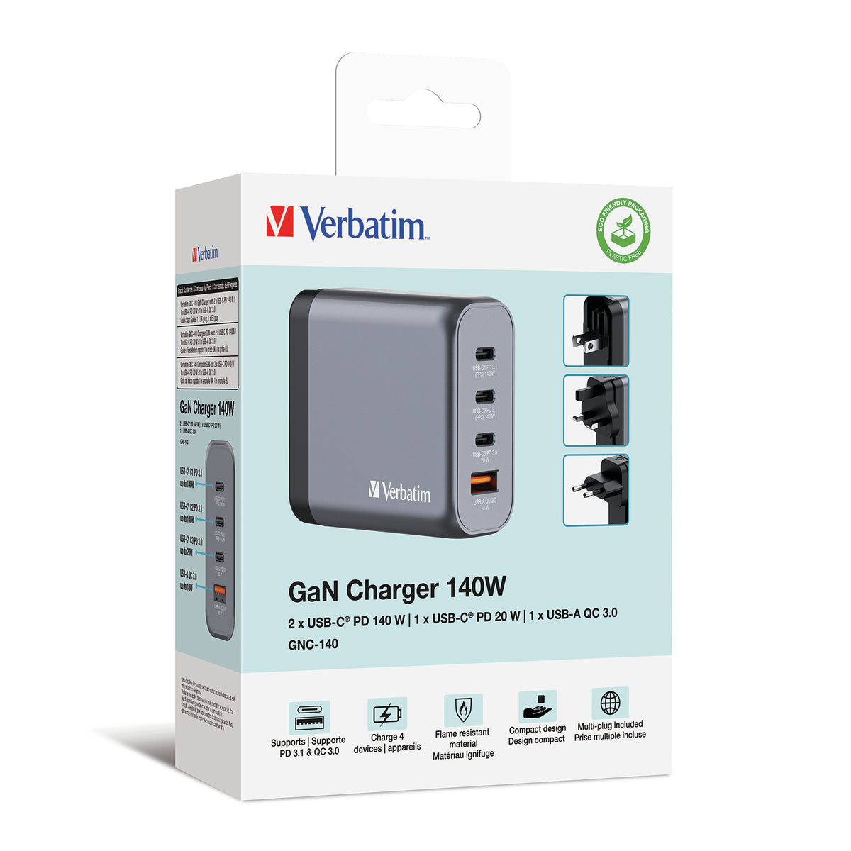 Verbatim GNC-140 Gan Charger 140W with 2 x USB-C Pd 140W, 1 x USB-C Pd 20W, 1 x USB-A Qc 3.0 (eu, Uk, Us) – view 6